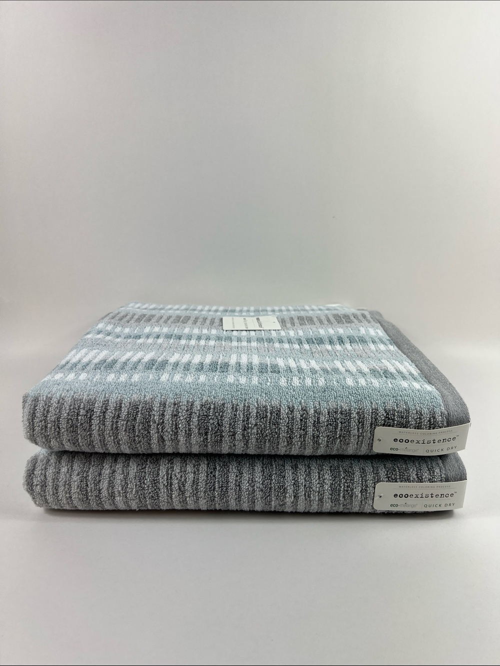Ecoexistence Bath Towels eco melange Gray Teal Blue Striped Cotton 2 Pc NEW